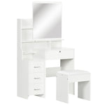 Ensemble de coiffeuse avec tabouret rembourré grand miroir + plusieurs étagères ouvertes + 4 tiroirs blanc