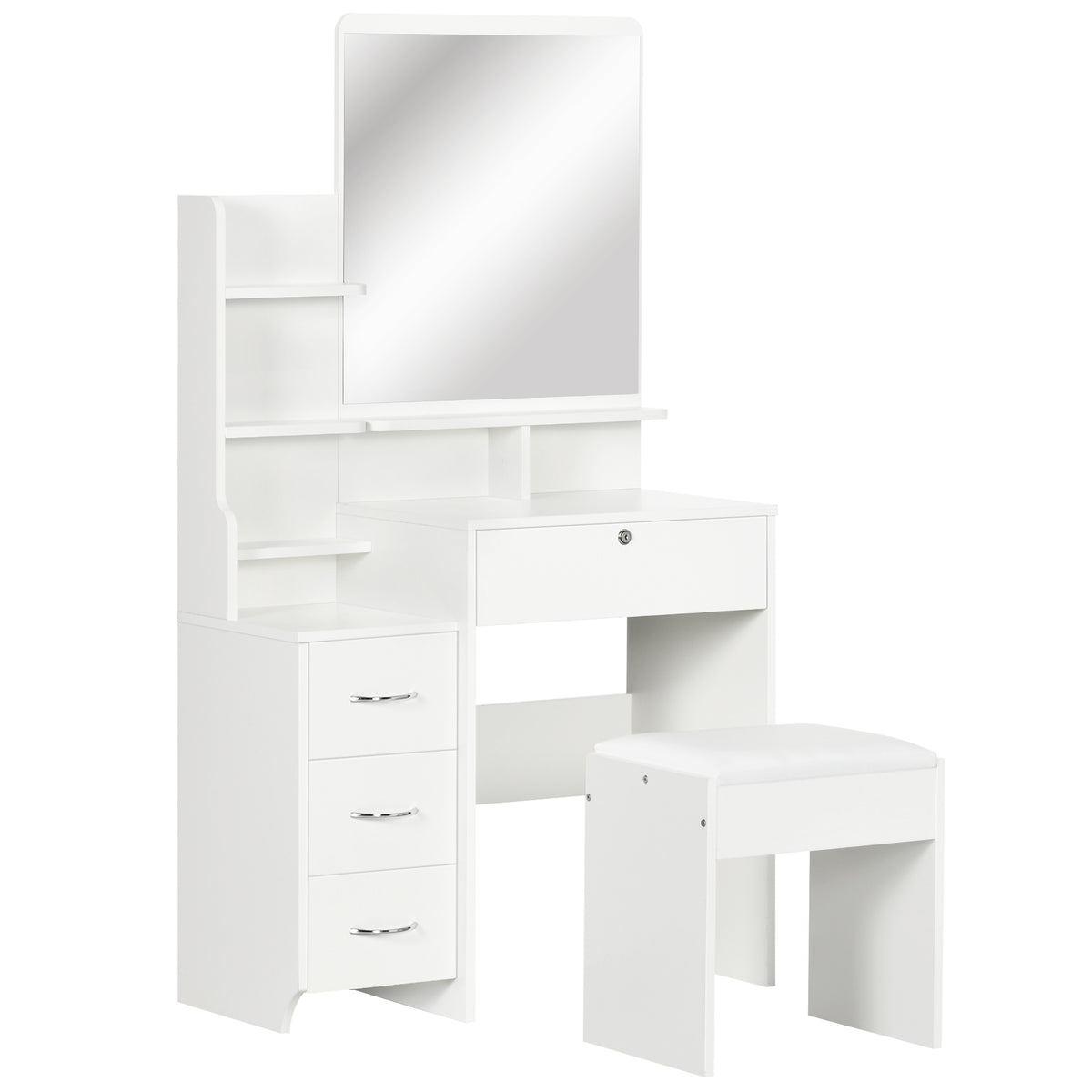 Ensemble de coiffeuse avec tabouret rembourré grand miroir + plusieurs étagères ouvertes + 4 tiroirs blanc