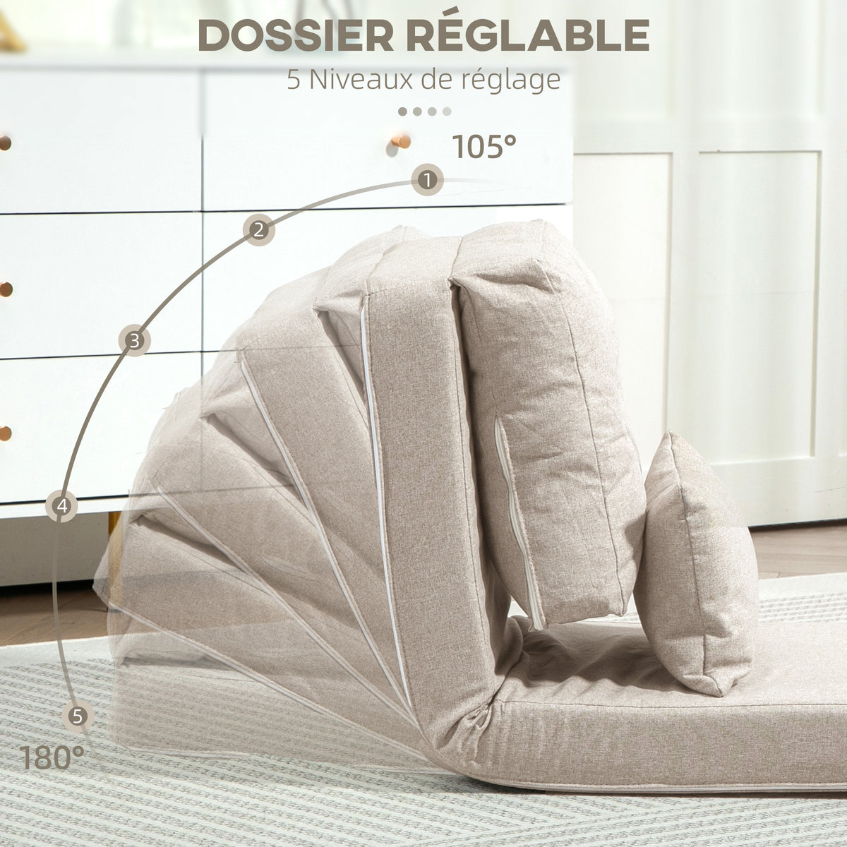 Chauffeuse canapé-lit convertible fauteuil 1 place avec 1 coussin avec dossier réglable, beige