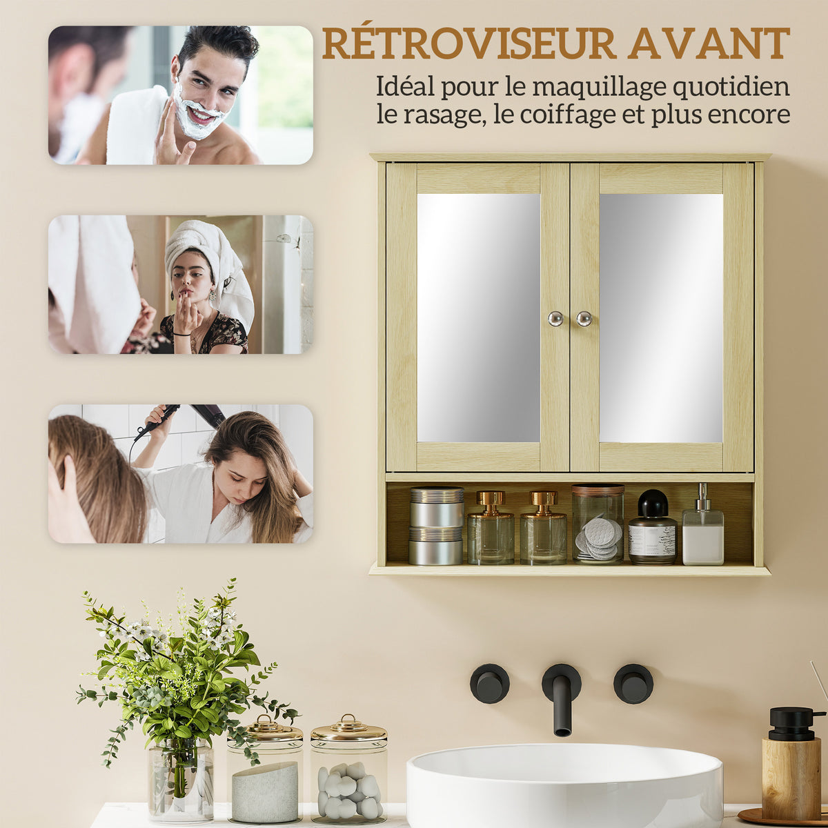 Armoire murale salle de bain avec miroir, 56 x 13 x 58 cm, meuble salle de bain avec Portes Miroir Doubles Bois Naturel