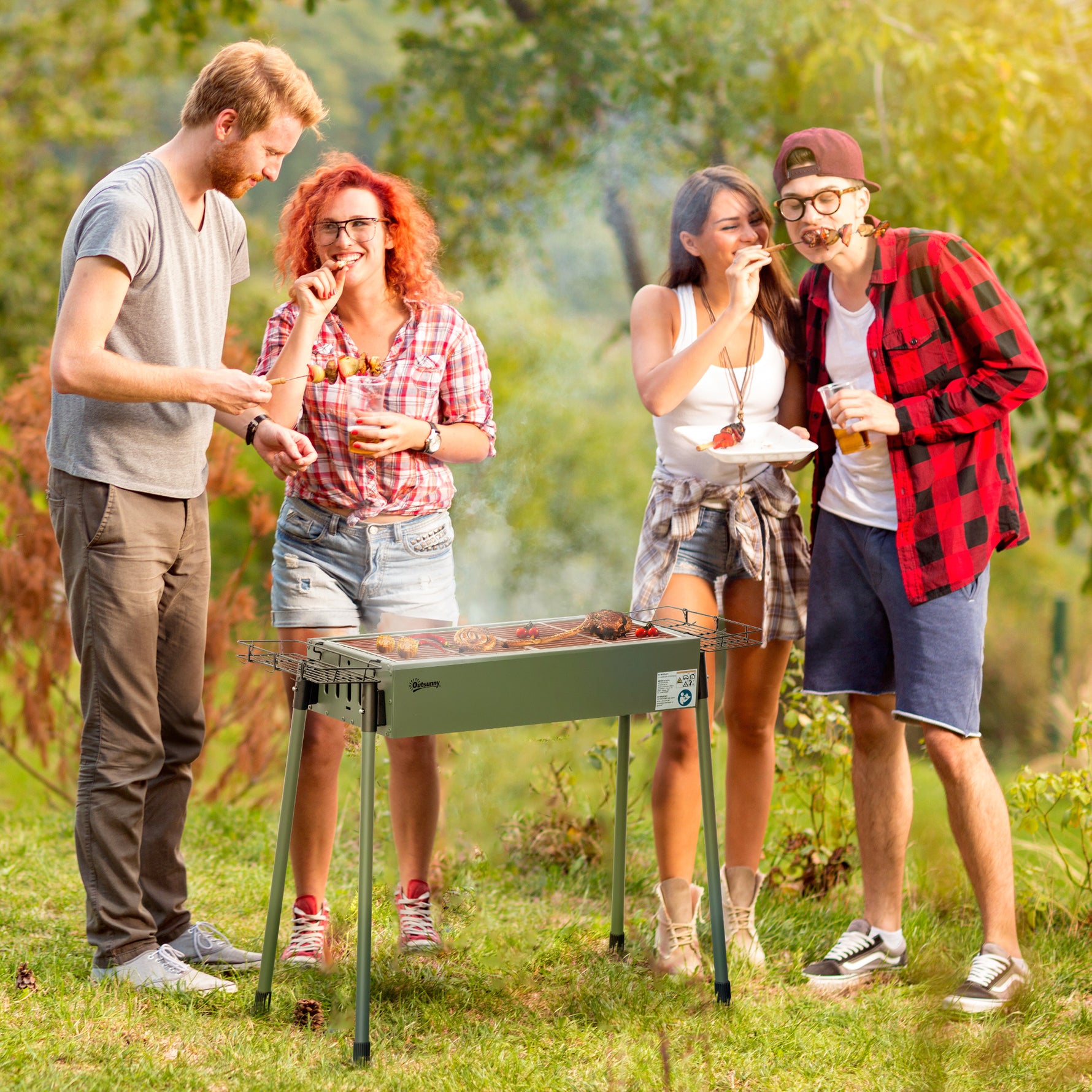 Barbecue au charbon de bois avec 2 grilles portable BBQ Grill sur Pieds amovibles2 paniers latéraux, 94L x 39l x 70H cm