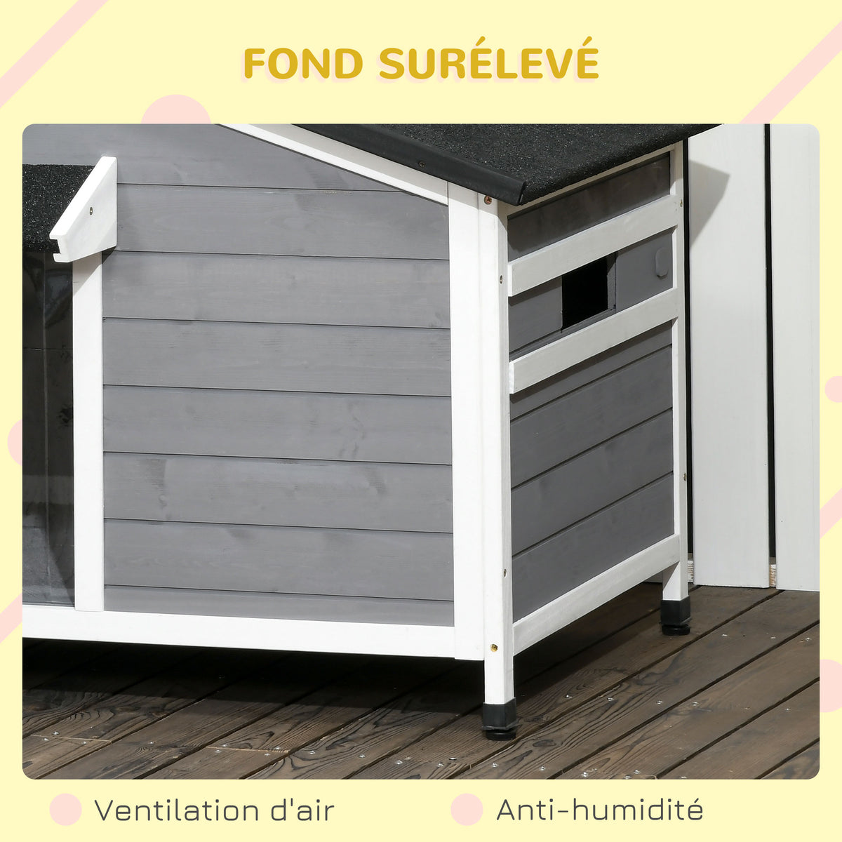Niche chien style cottage - 2 fenêtres, porte, toit ouvrant bitumé - dim. 109 x 79 x 72 cm - bois sapin gris