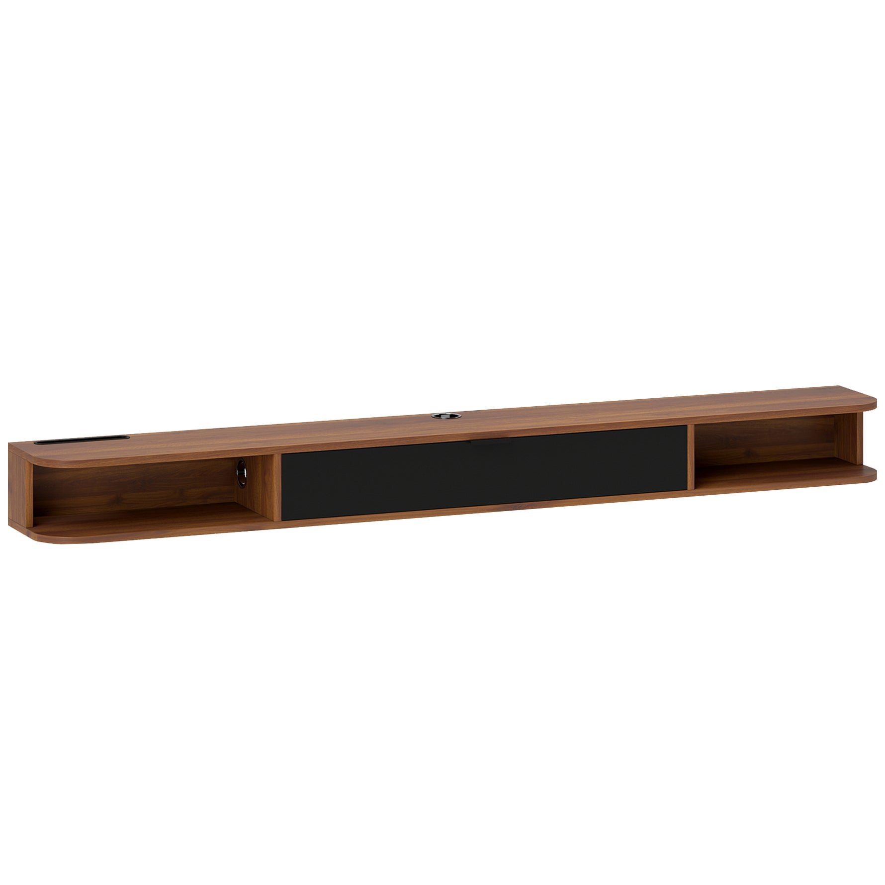 Meuble TV Suspendu, Meuble Télé pour Téléviseur jusqu'à 75 Pouces, Tiroir Rabattable, 2 Étagères, 180x24x16cm, Noyer