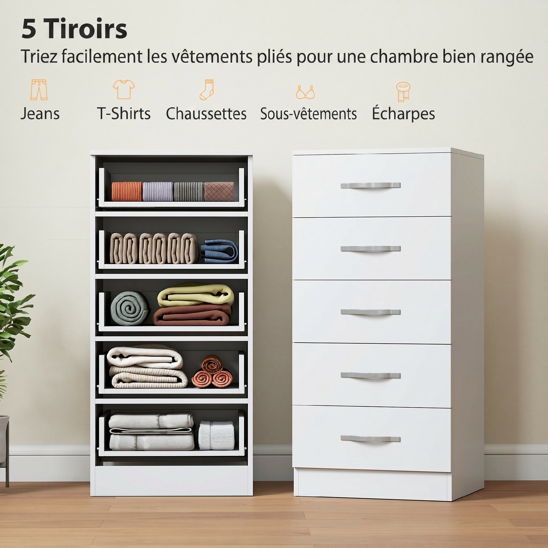 Commode 5 tiroirs, meuble de rangement étroit, style moderne, pour chambre à coucher, salon, couloir, 40x35x85cm, blanc