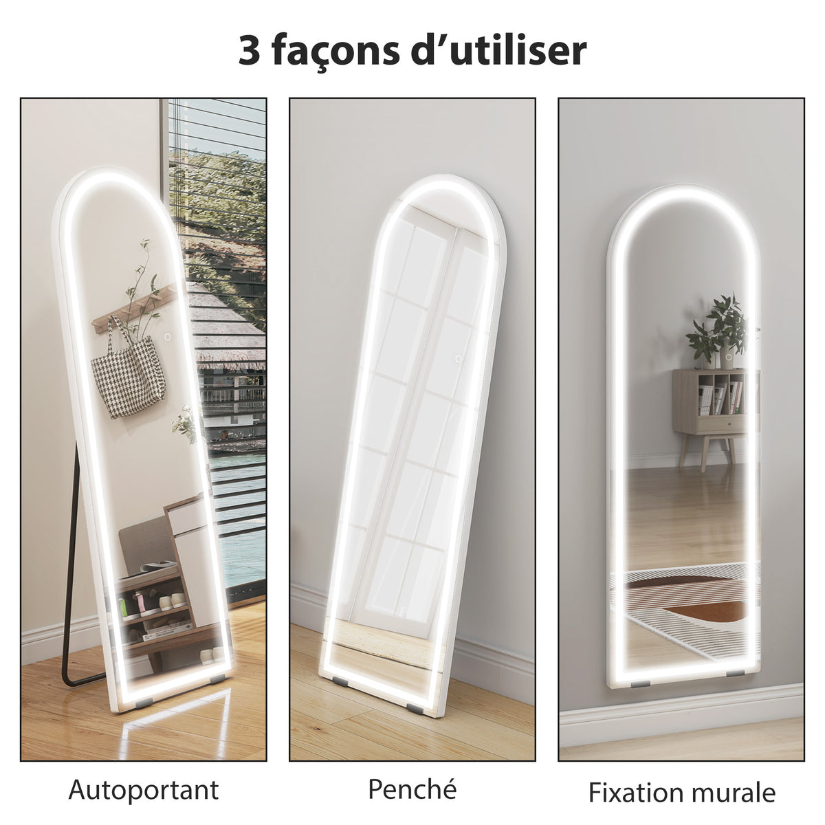 Specchio a figura intera ad arco con luci 150 x 50 cm, colore e luminosità regolabili, funzione memoria, trasparente