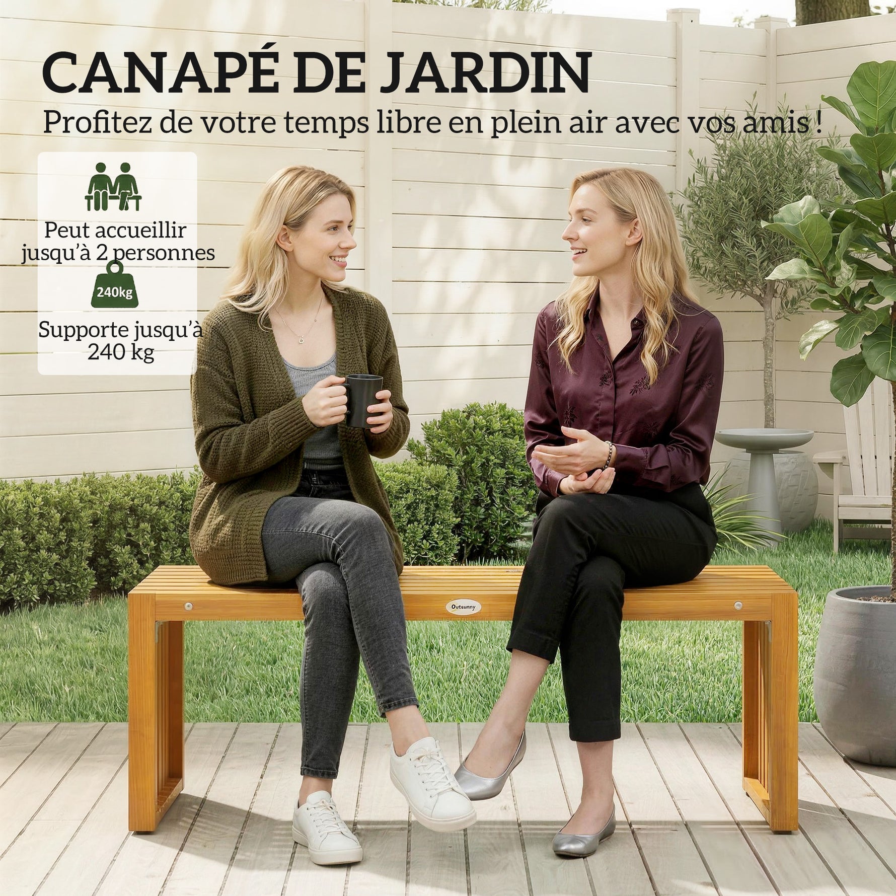 Banc de Jardin en Bois d'Acacia sans Dossier 2 Places, Assise à Lattes Effet Bois, 110x30x45cm, Bois naturel
