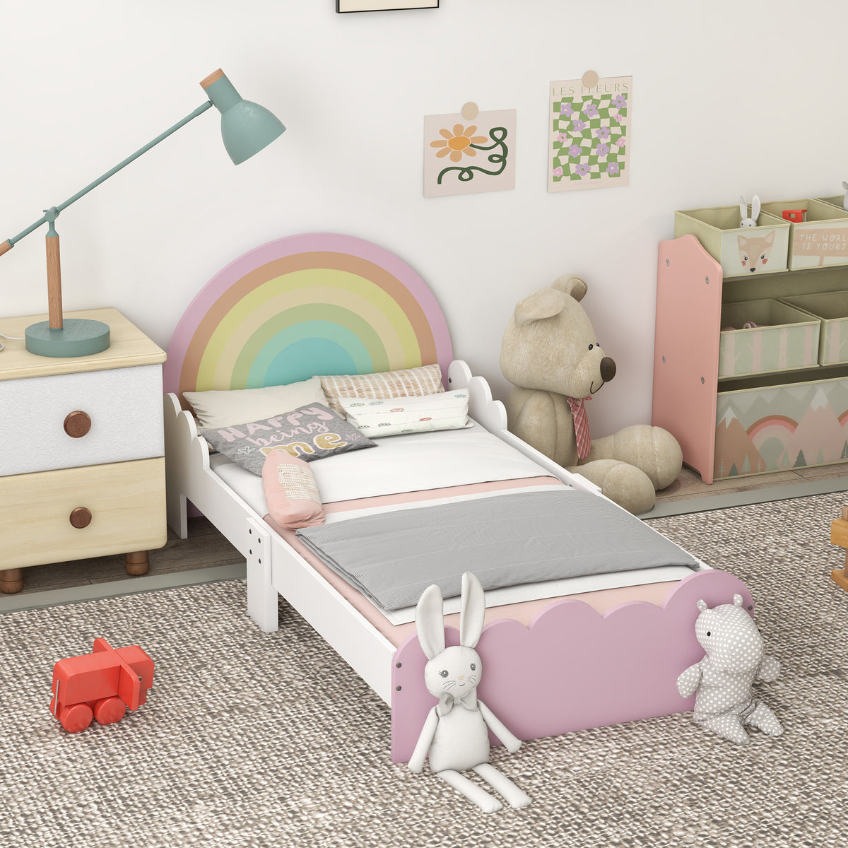 Kinderbett für Kinder von 3 bis 6 Jahren, 143 x 74 x 66 cm, Regenbogen-Design, inklusive Lattenrost, modernes Kinderzimmer, Rosa