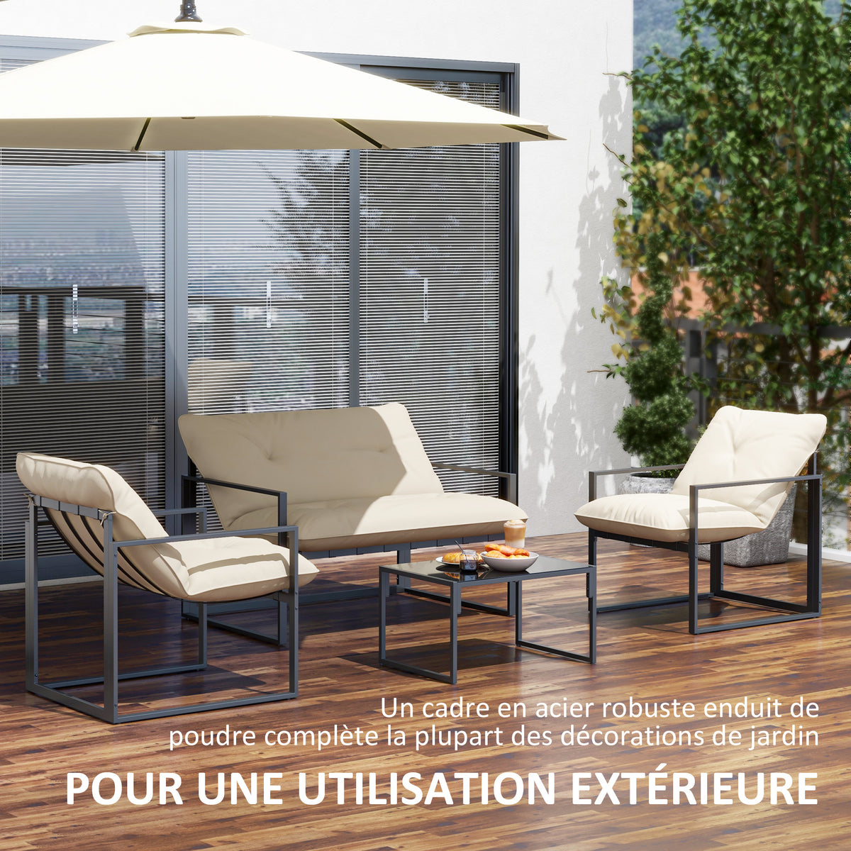 Salon de jardin 4 pièces 4 personnes avec canapé 2 places, 2 fauteuils et 1 table basse gris