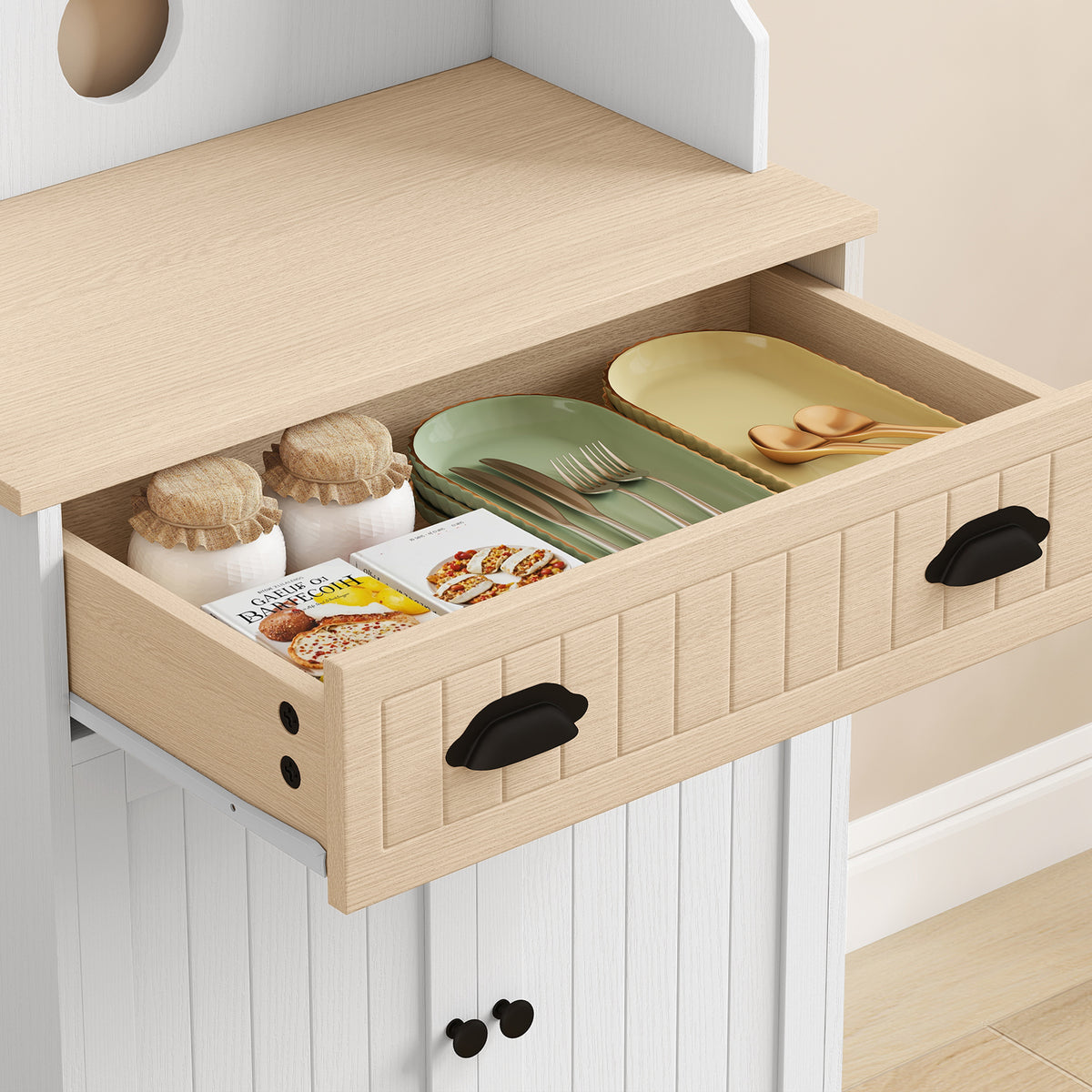 Kitchen microwave cabinet with open space, 1 drawer and 2-door cupboard, 61 x 35 x 125.4 cm, oak