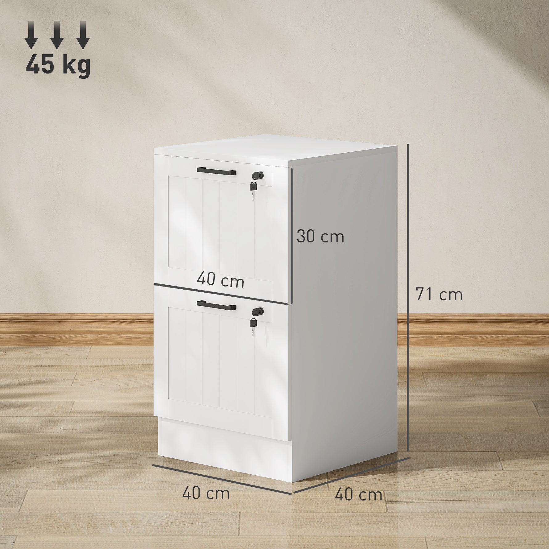 Caisson bureau, meuble rangement bois 2 tiroirs et serrure, barres de suspension réglables, 40 x 40 x 71 cm, blanc