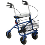 Déambulateur 4 roues pliable, rollator en acier inoxydable, siège rembourré en PU, poignée réglable, bleu