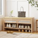 Banc chaussures entrée, banc de rangement, assise rembourrée en lin, 2 tiroirs en rotin et étagère ouverte, chêne