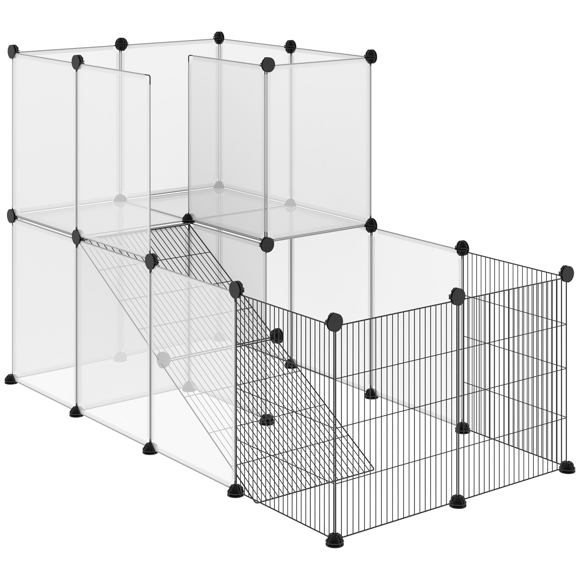 Enclos lapin interieur, 2 niveaux, parc modulable pour petits animaux, 27pcs, 140 x 70 x 90 cm, noir