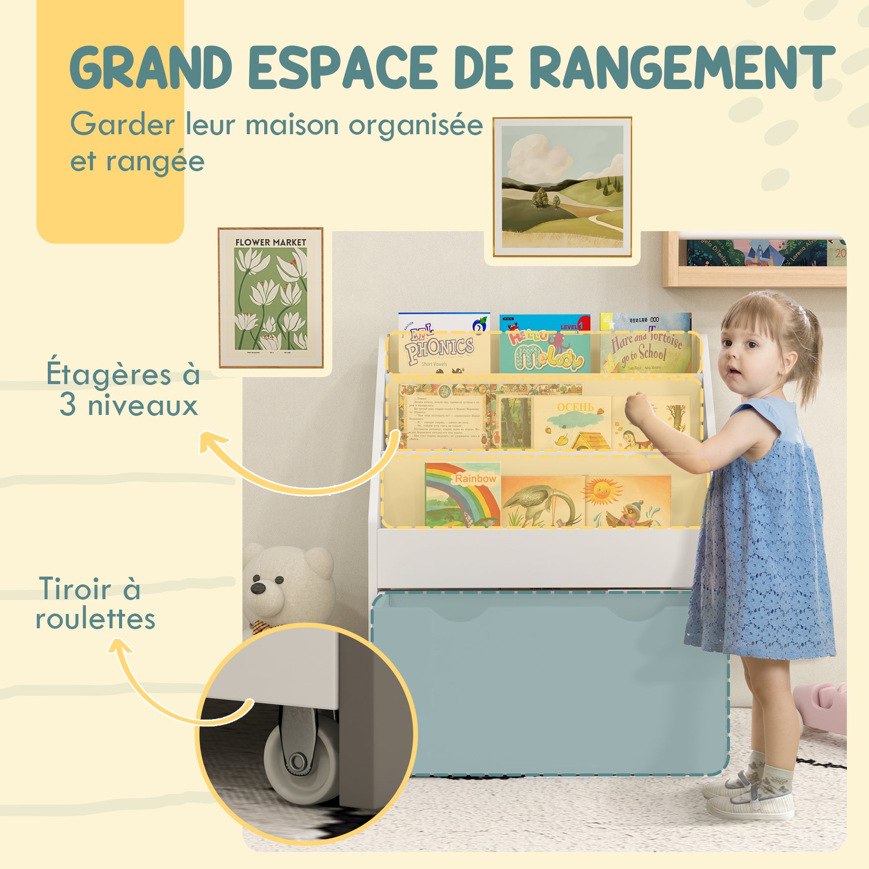 Bibliothèque pour enfants Multi-Rangement avec 3 niveaux d'étagères et un tiroir, 62,5L x 30l x 70H cm, blanc