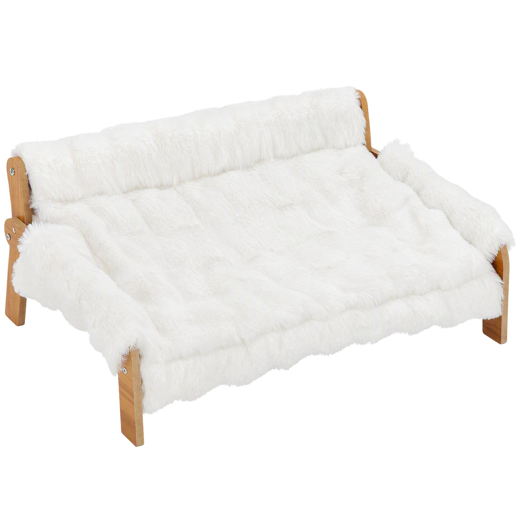 Canapé pour Chien Chat Lit Surélevé en Bois, Coussin Amovible en Peluche, Pieds Antidérapants, 70 x 47 x 30 cm, Blanc