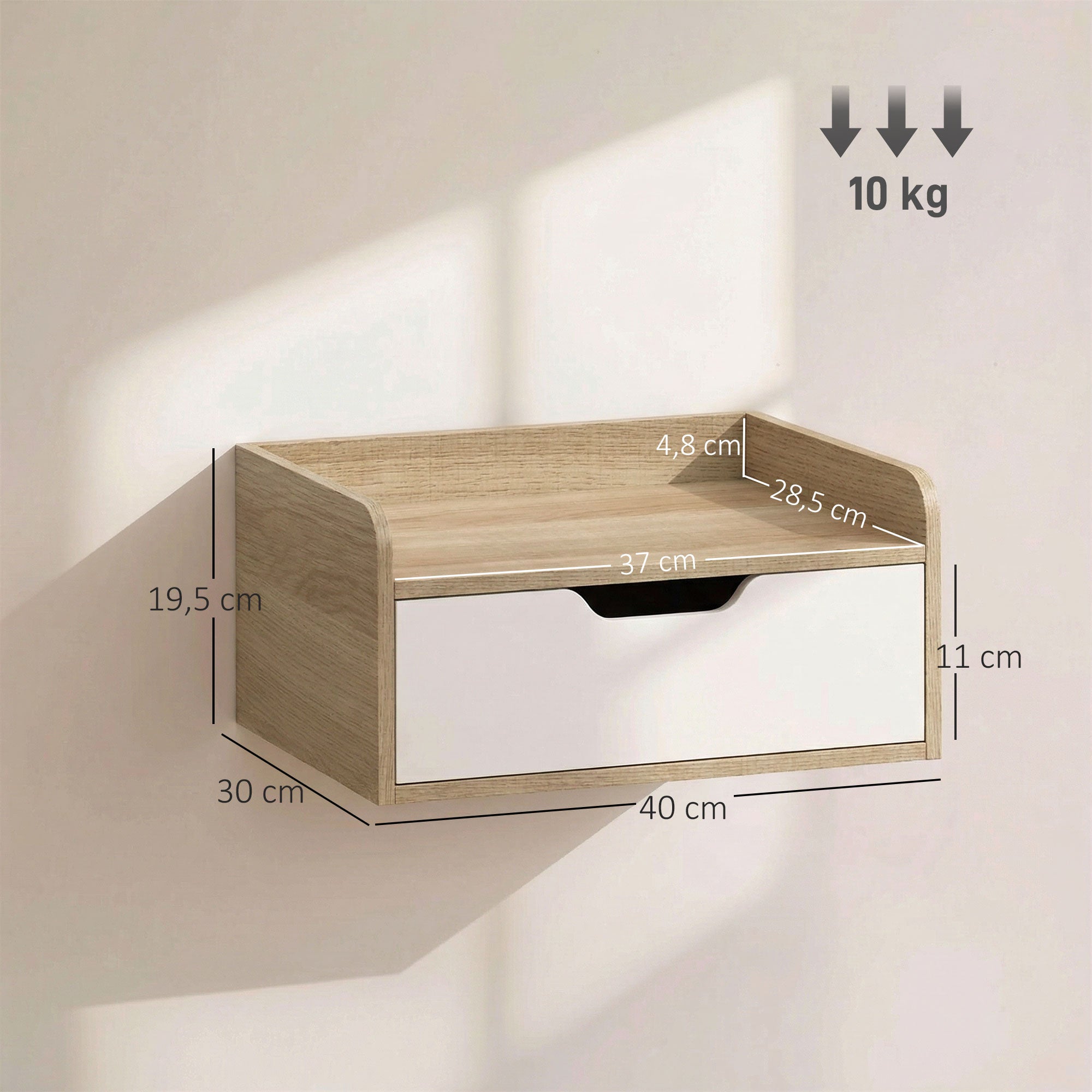 Lot de 2 tables de chevet murales, tables de nuit avec tiroir et plateau à rebords surélevés, 40x30x19,5cm, bois naturel