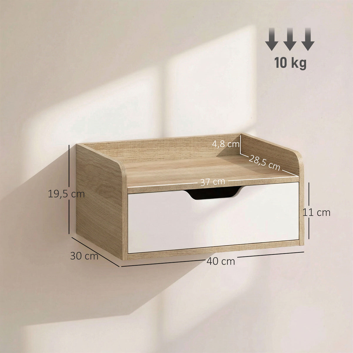 Lot de 2 tables de chevet murales, tables de nuit avec tiroir et plateau à rebords surélevés, 40x30x19,5cm, bois naturel