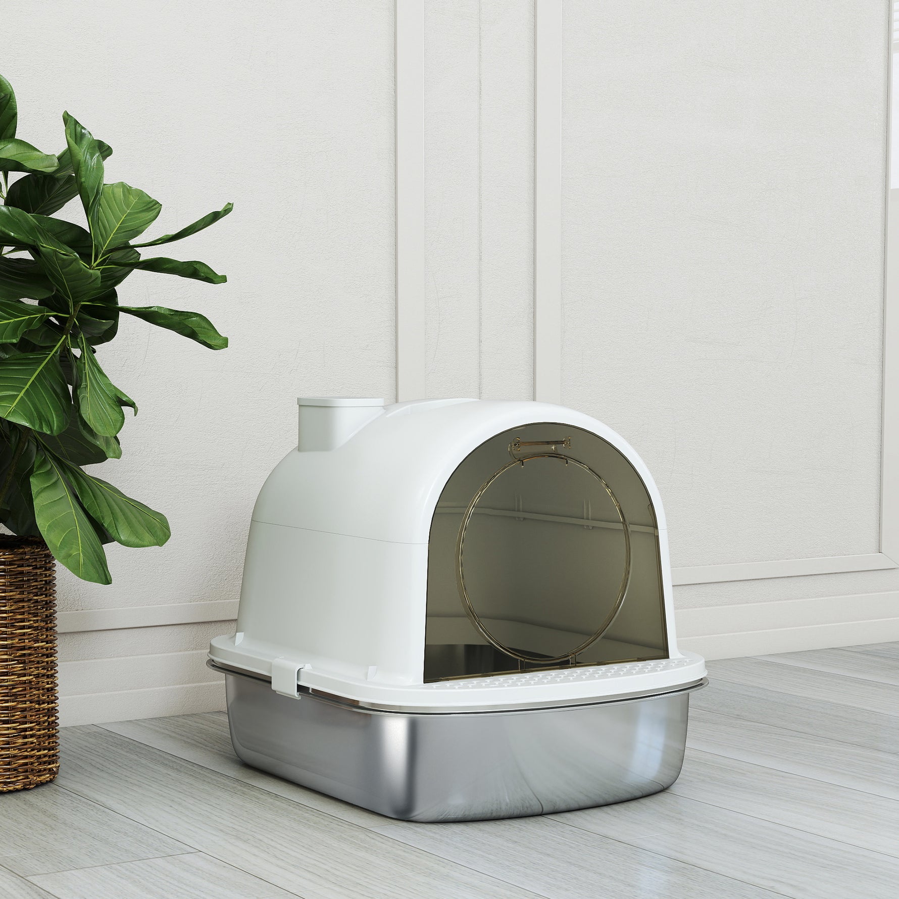 Maison de toilette pour chat bac à litière fermé bac acier inoxydable, nettoyage facile, 52,4 x 41,3 x 39,9 cm, blanc