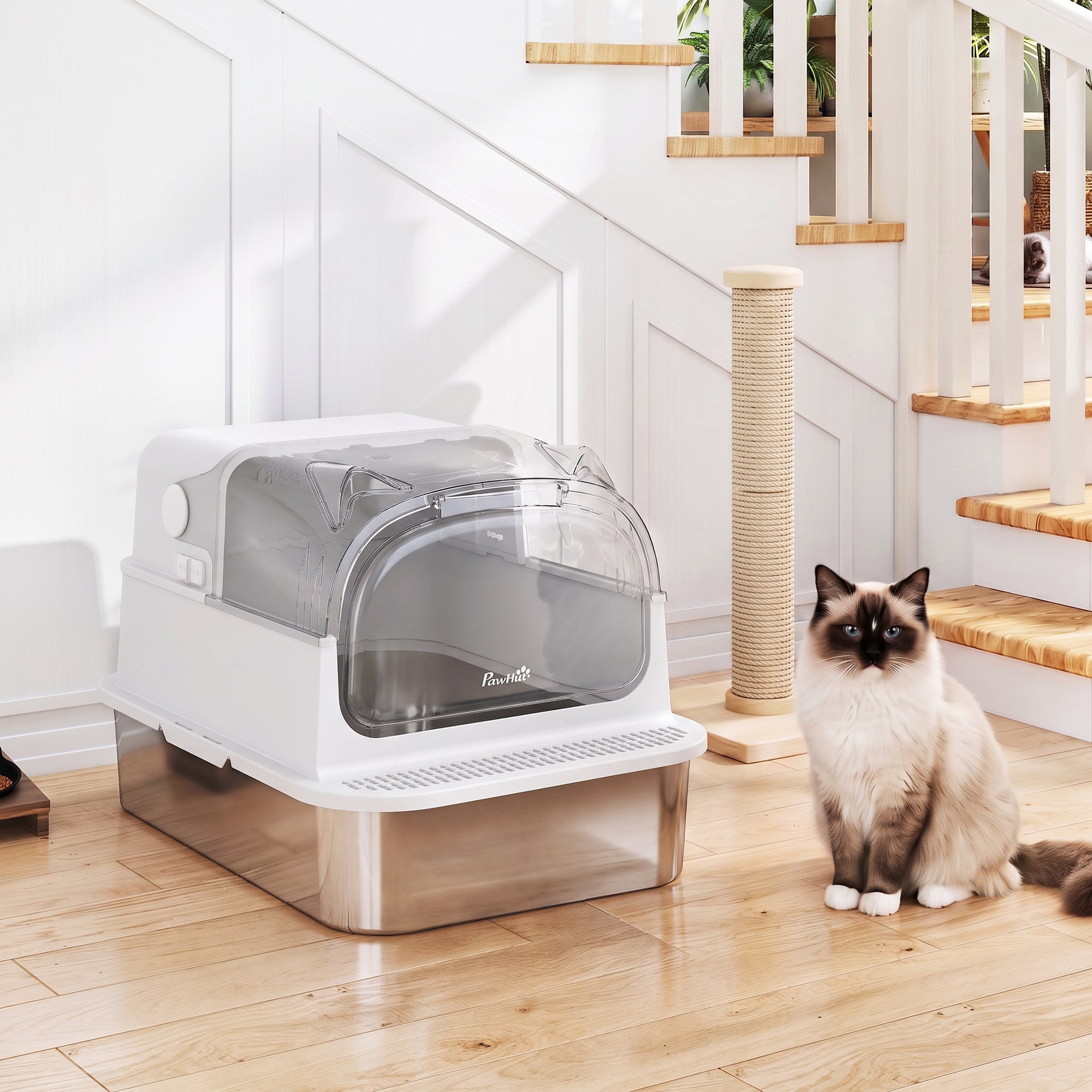 Lettiera per Gatti in Acciaio Inox con Coperchio 3 in 1 Bordi Alti Paletta e Sacchetti Antiodore XL 70x50x46cm Bianco