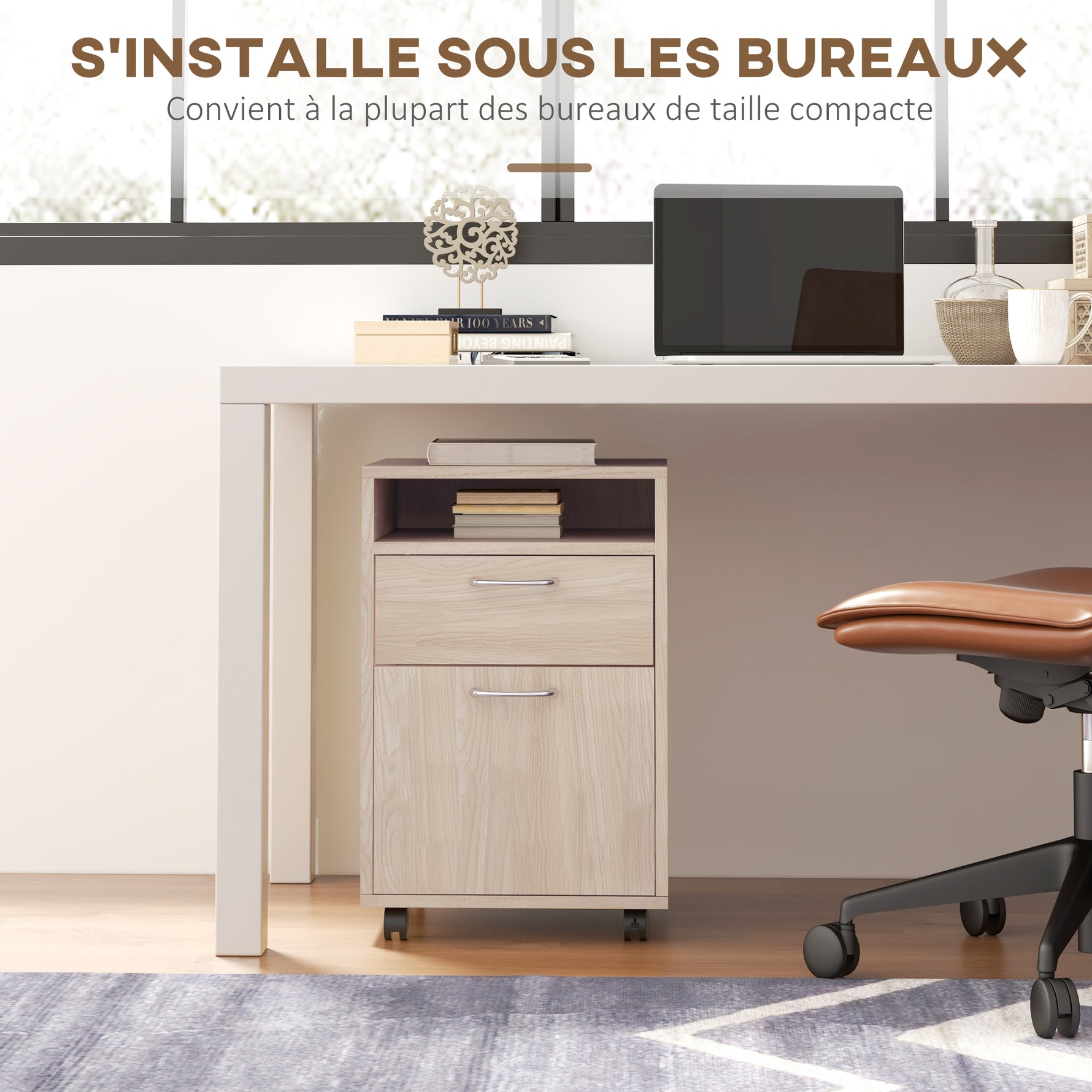 Caisson de bureau à roulettes avec tiroir placard et niche pour documents et dossier suspendu 40 x 35 x 60 cm chêne