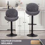 Lot de 2 Tabourets de Bar, Hauteur Réglable, Pivotant 360°, Siège Rembourré, Dossier et Repose-pieds, Gris