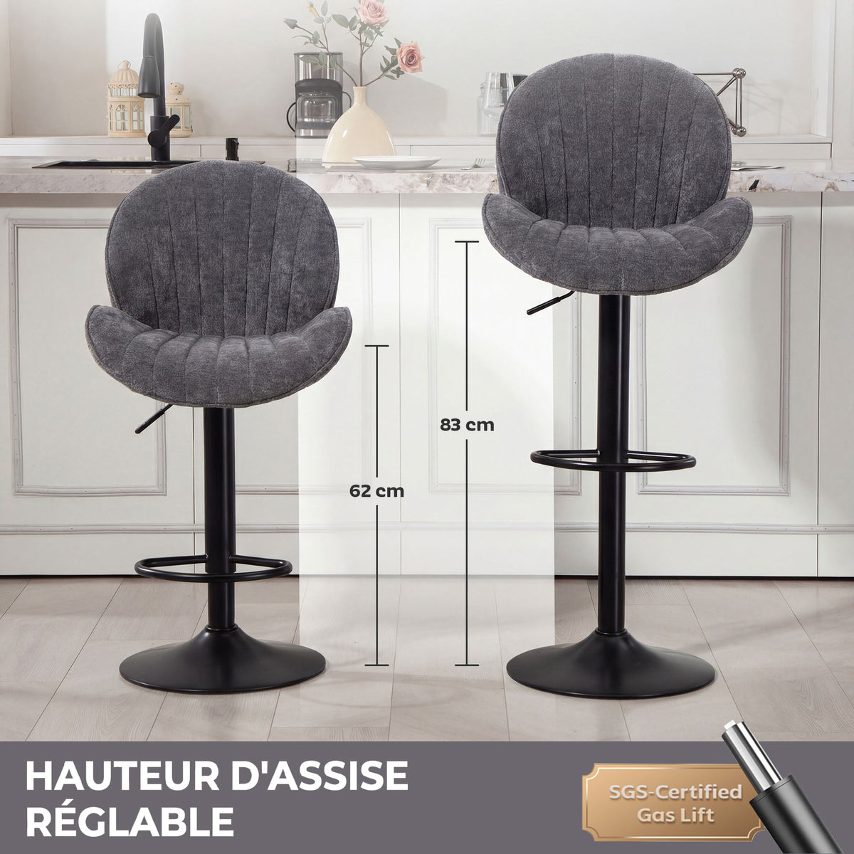 Lot de 2 Tabourets de Bar, Hauteur Réglable, Pivotant 360°, Siège Rembourré, Dossier et Repose-pieds, Gris