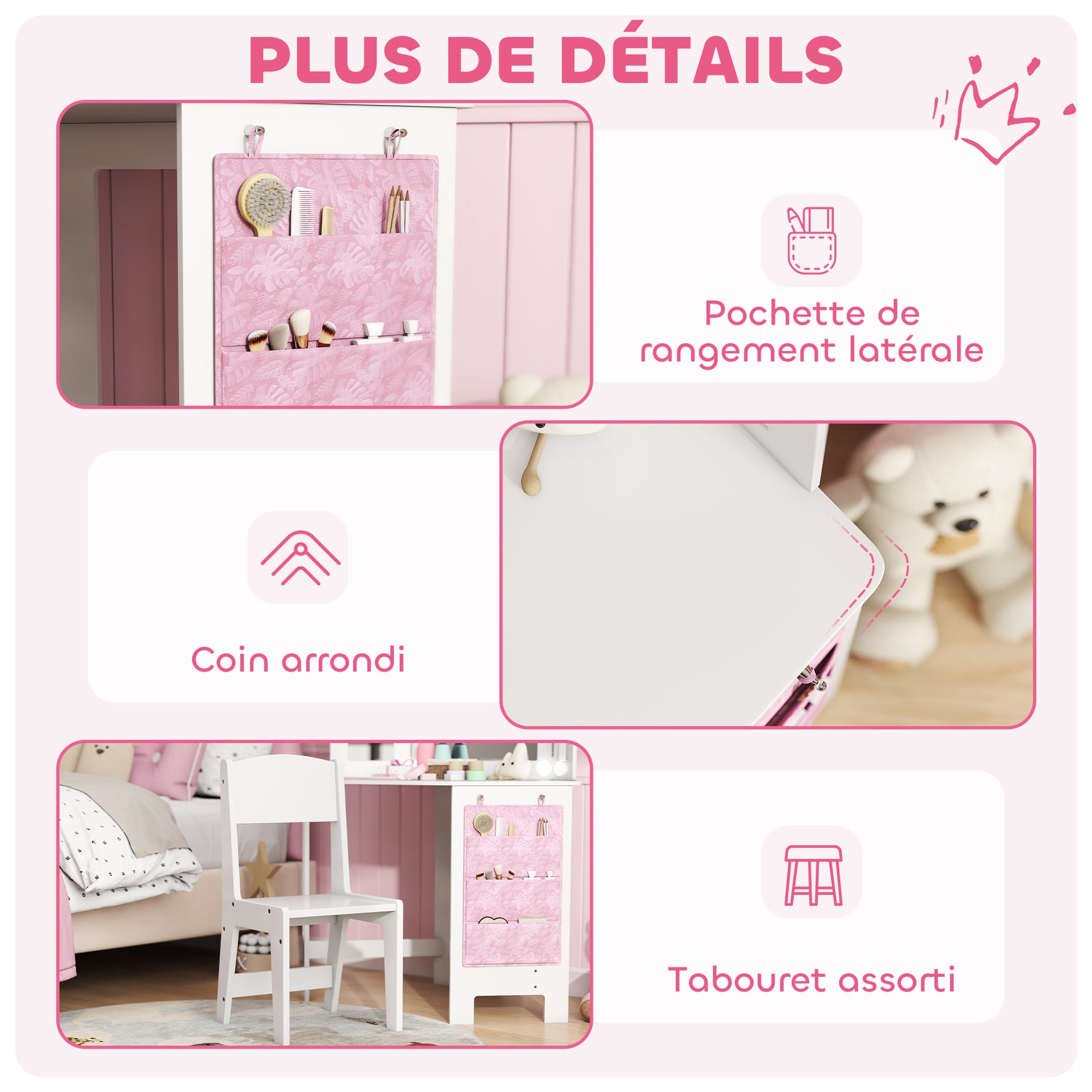 Coiffeuse enfant 2 en 1 avec tabouret miroir triptyque et lumières LED bicolores  93,6 x 48,5 x 111,5 cm blanc