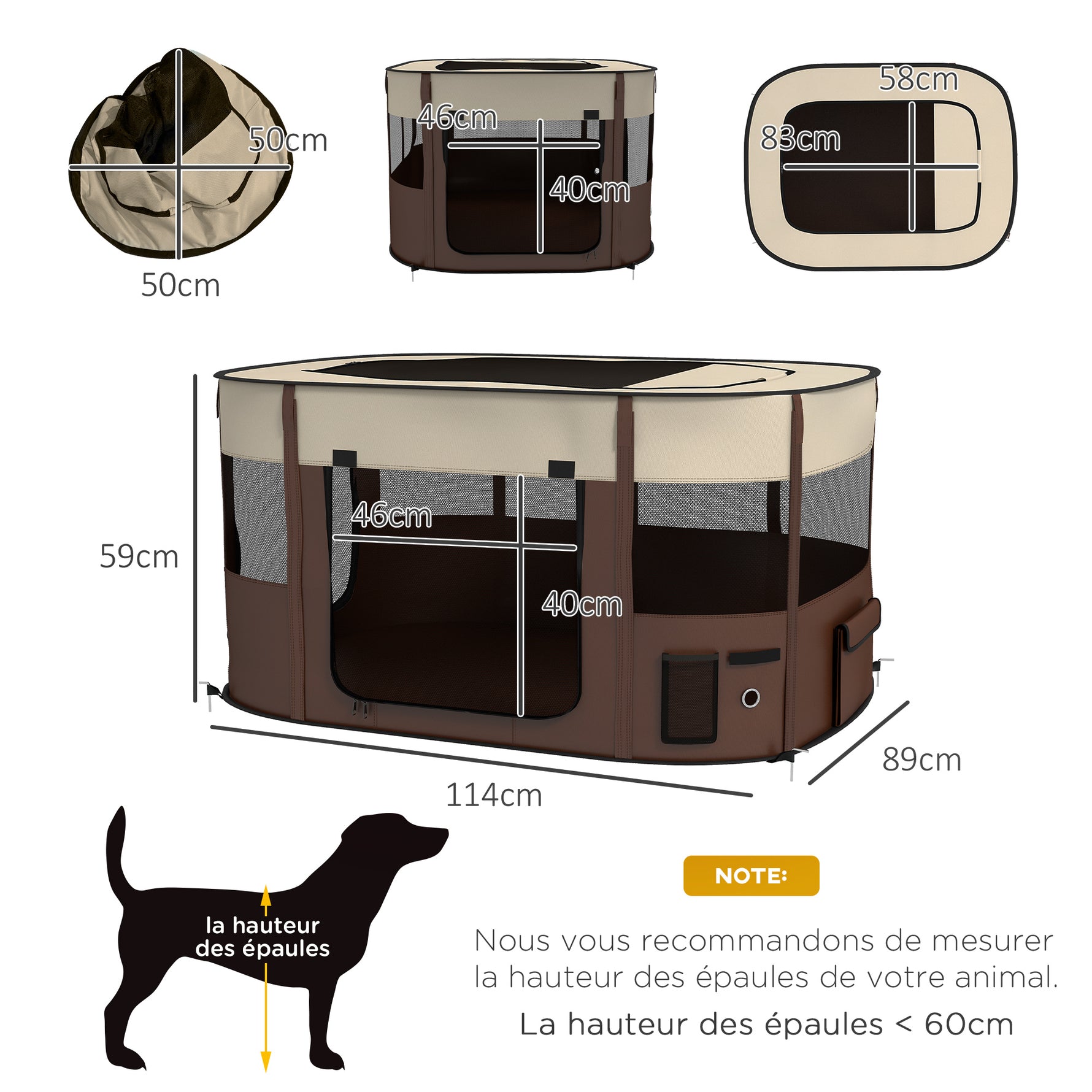 Parc pliable pour animaux de compagnie parc pour chiots en tissu Oxford avec fenêtres et portes sac de rangement marron