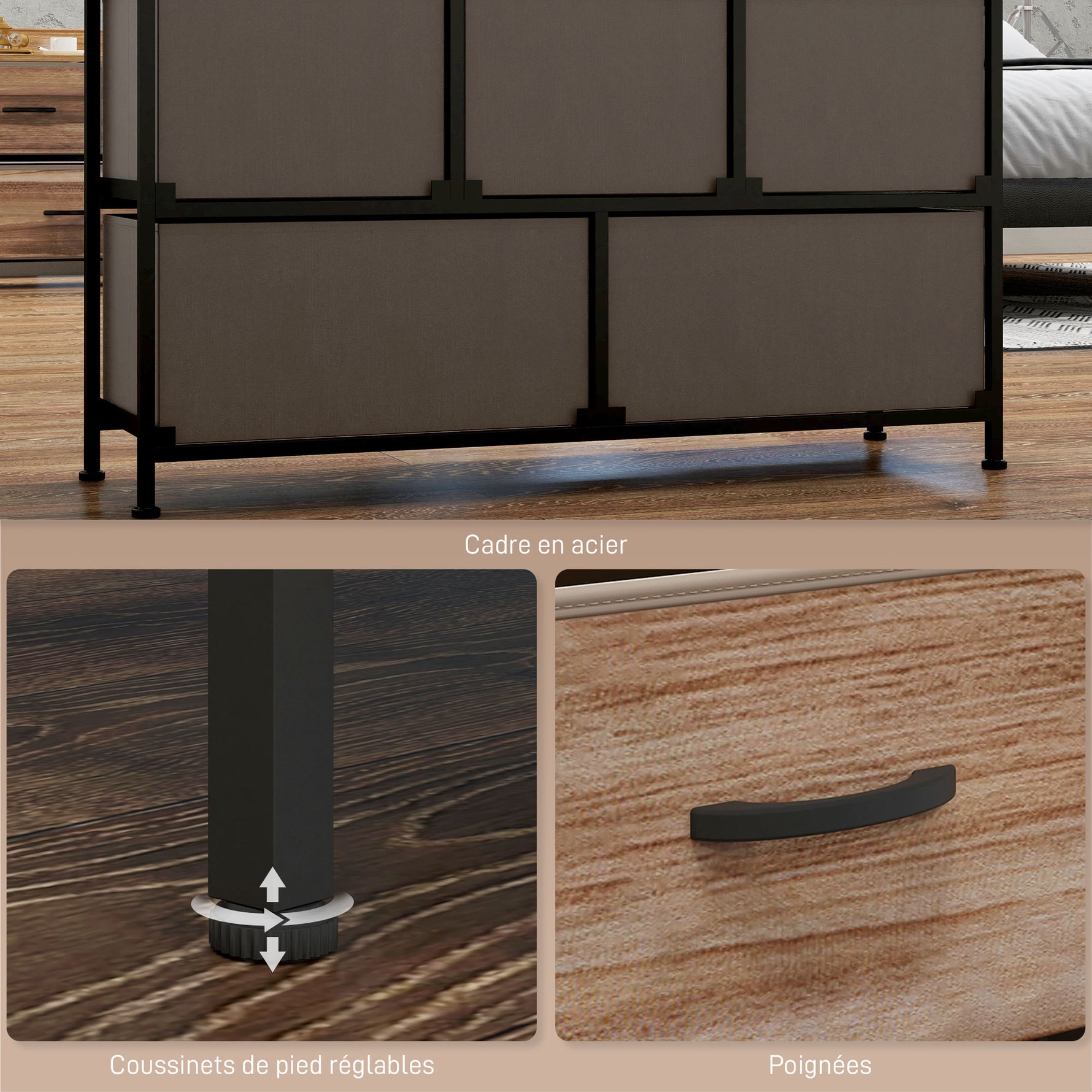 Commode Meuble de Rangement 5 tiroirs en Tissu 98 x 29 x 63 cm structure en acier noir