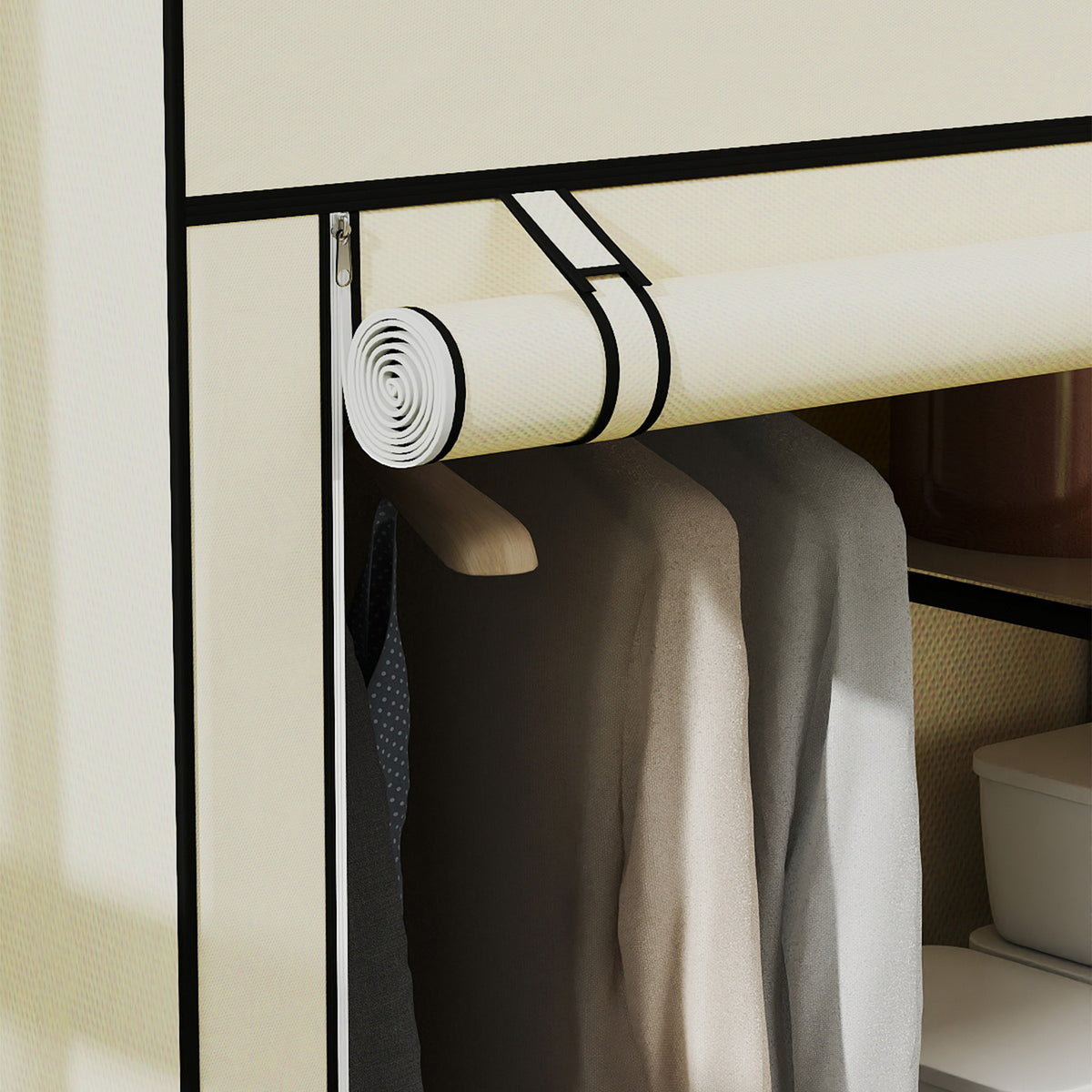 Armoire penderie en tissu meuble de rangement tringle à vêtements et étagères ouvertes 103x43x162,5cm crème