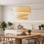 Suspension Luminaire à 3 Abat-Jour Effet Lin, Ampoule Non Incluse E14 40 W, Câble Réglable, Rosace Dorée, Beige