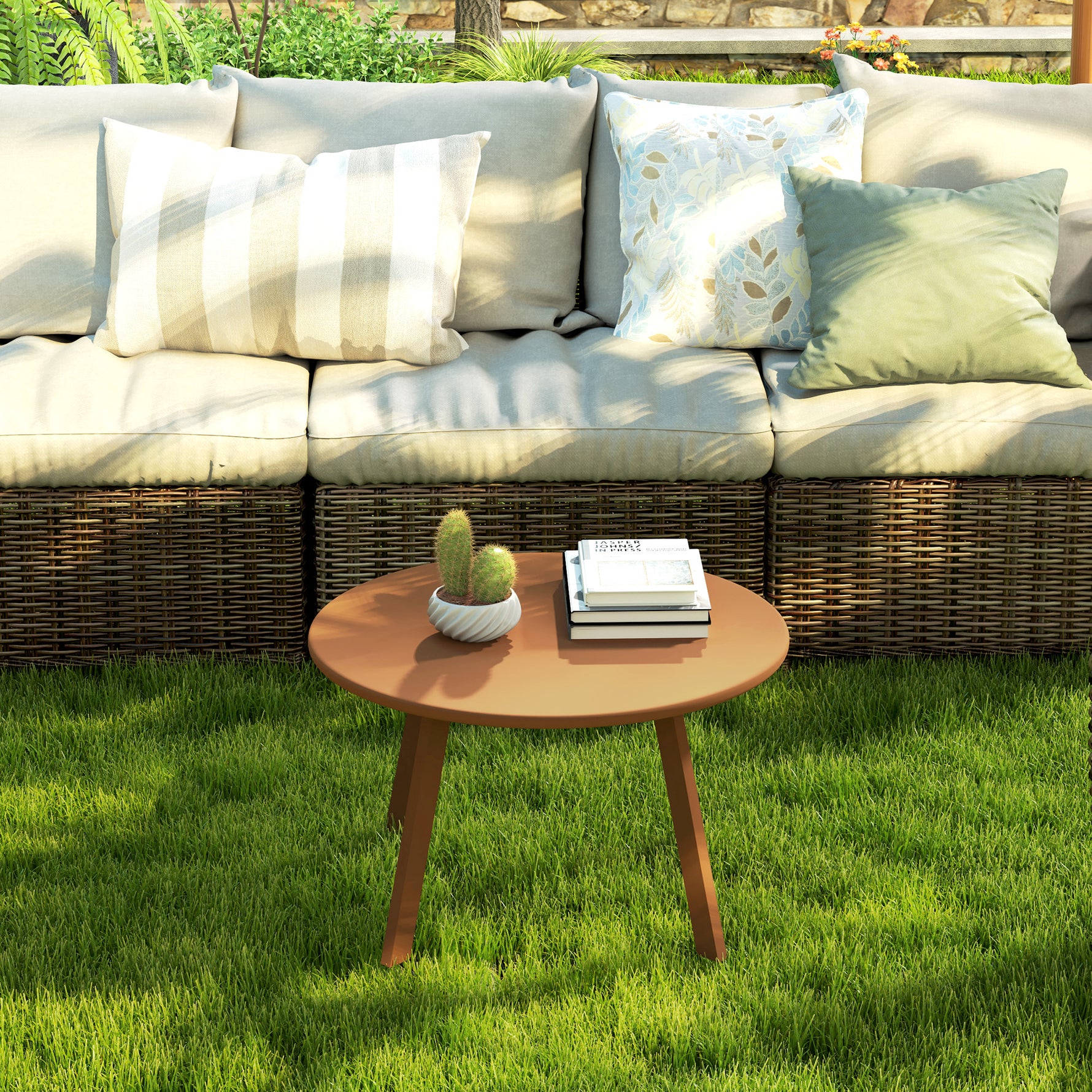 Petite table basse ronde, table d'appoint avec patins antidérapants, cadre en métal, pour jardin, Ø 70 x 42 cm, orange