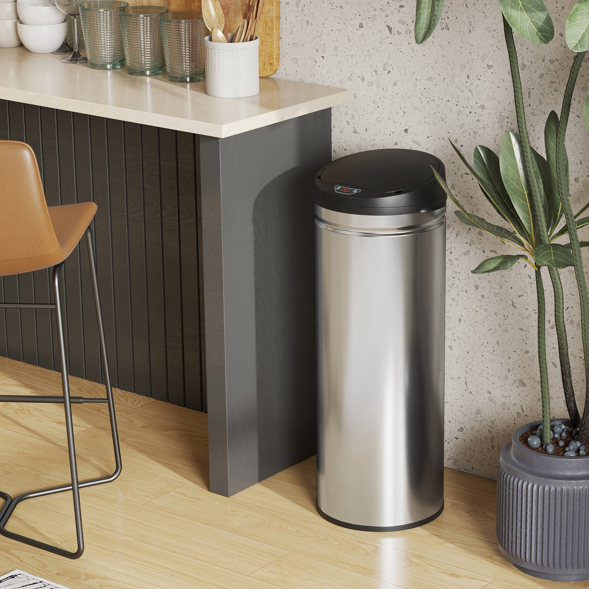 Poubelle cuisine automatique 50L acier inoxydable, poubelle à couvercle à fermeture en douceur, 30,5x30,5x85cm, argent