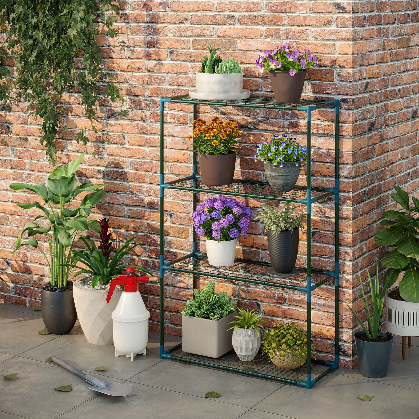 Lot de 2 Étagères à Fleurs en acier 4 Niveaux Intérieur et Extérieur, support de plantes 70 x 27 x 110 cm, vert