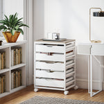 Cajonera de oficina móvil, mueble de almacenamiento con ruedas de madera con 5 cajones, tiradores integrados, 50 x 40 x 74,5 cm, blanco