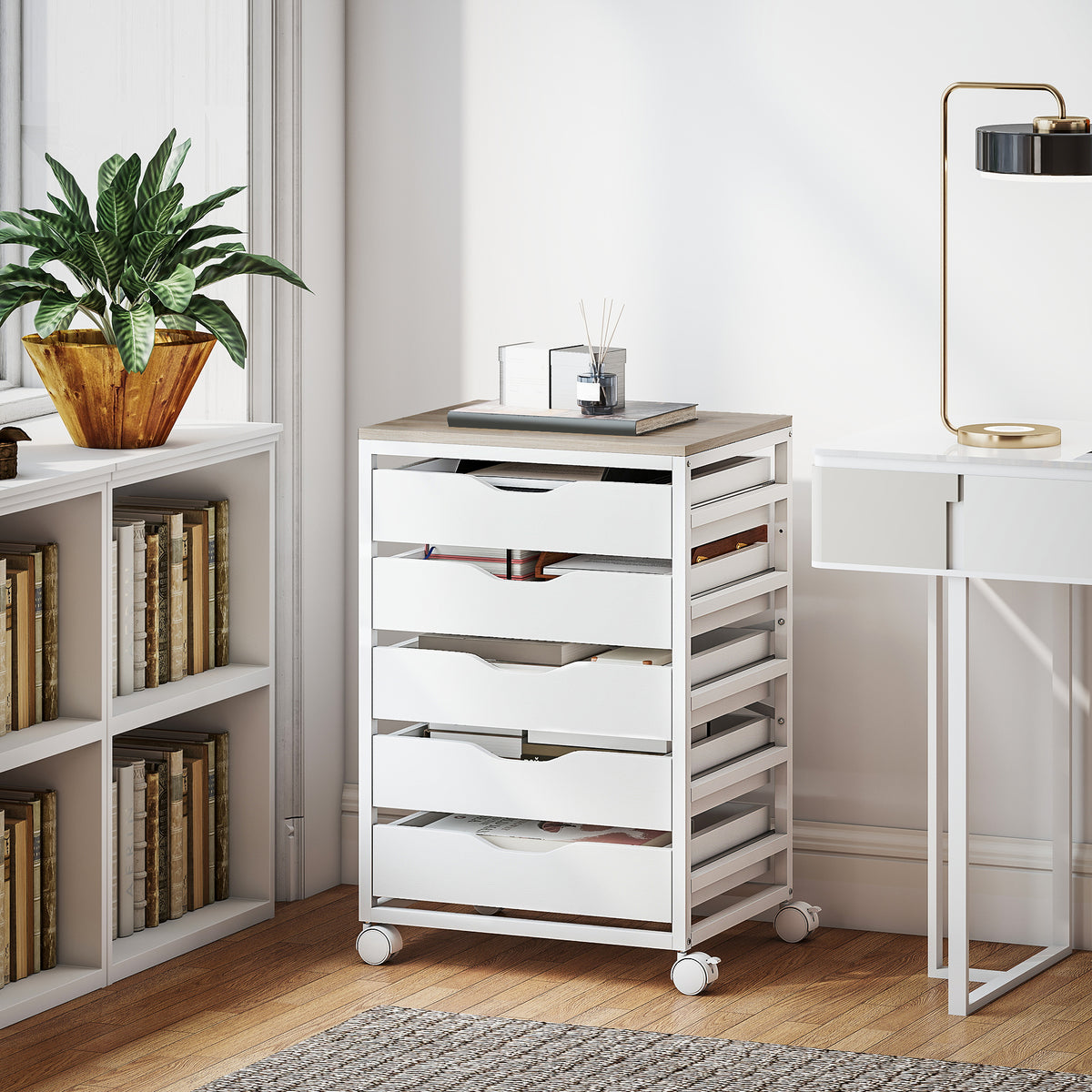 Cajonera de oficina móvil, mueble de almacenamiento con ruedas de madera con 5 cajones, tiradores integrados, 50 x 40 x 74,5 cm, blanco