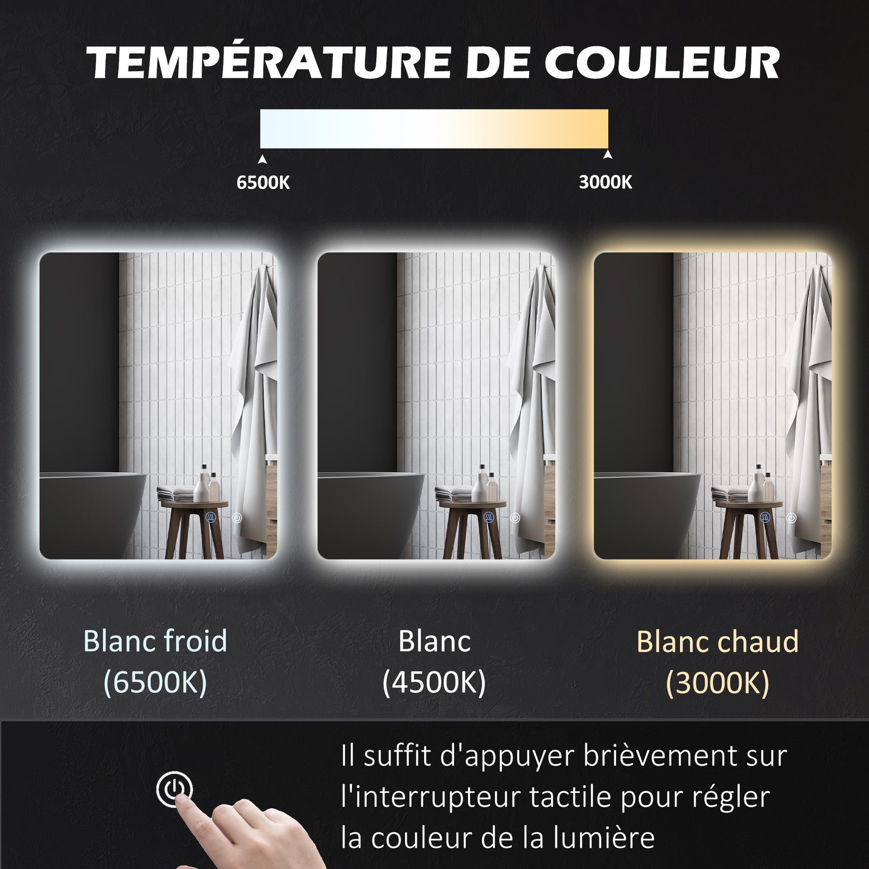 Miroir rectangulaire mural lumineux LED de salle de bain 80 x 60 cm luminosité réglable blanc transparent