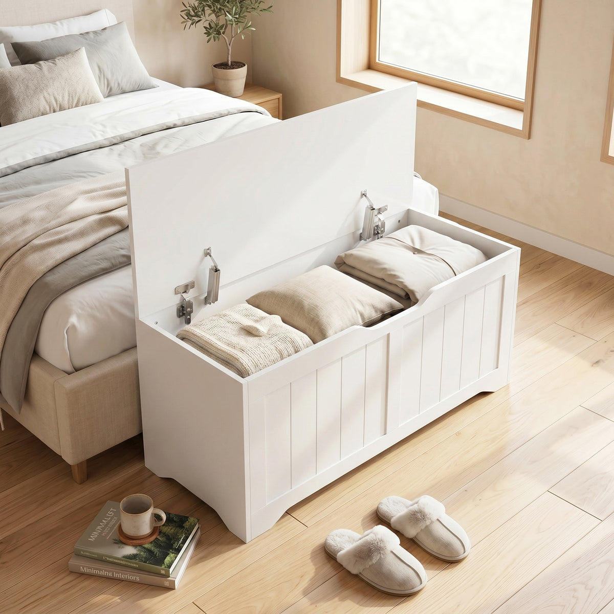 Coffre de Rangement 136 L, Banc Coffre avec 2 Charnières de Sécurité et Design Sans Poignée, 100 x 40 x 45 cm, Blanc
