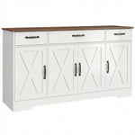 Credenza, mobile da cucina stile rustico con 4 ante a granaio, 3 cassetti, ripiani regolabili, bianco