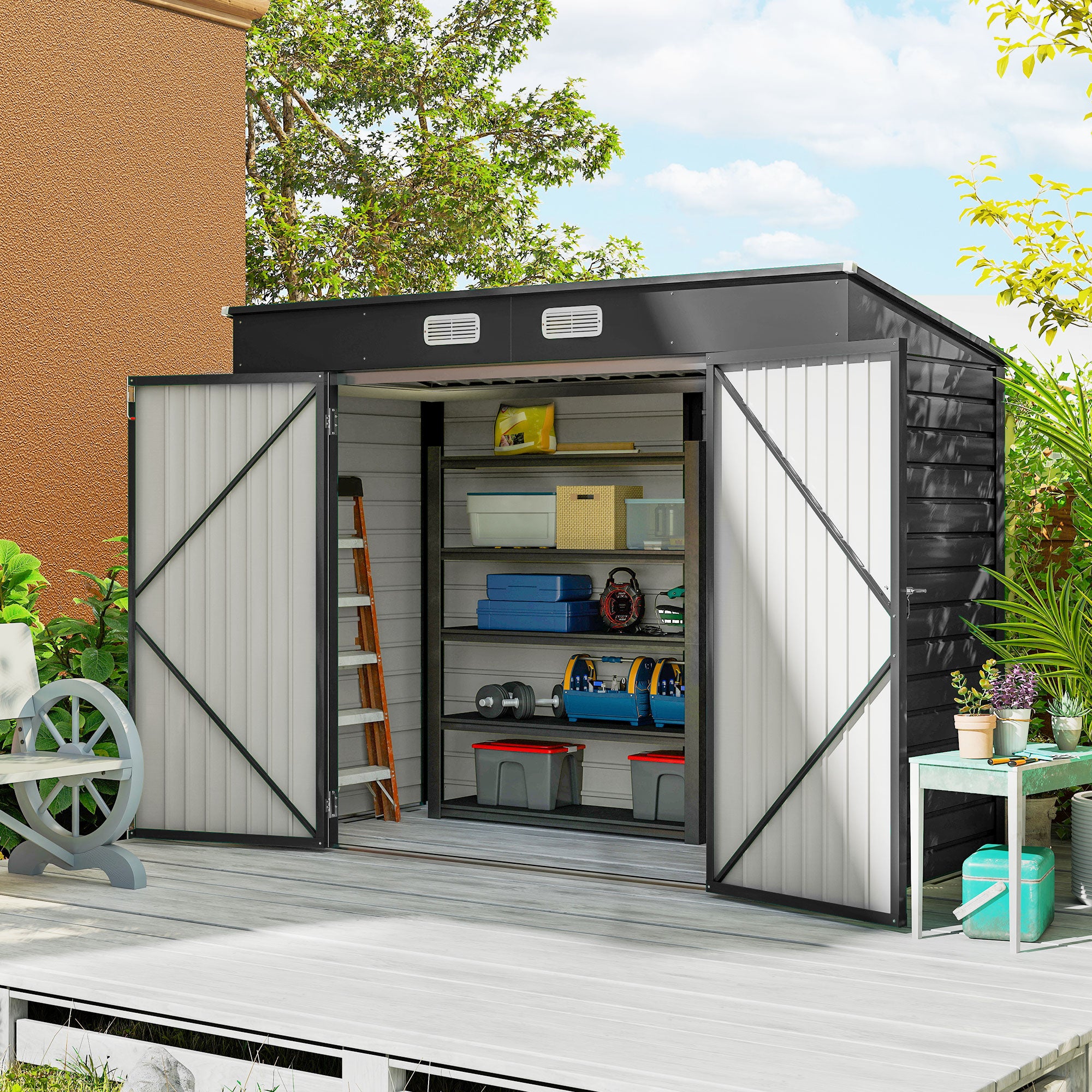 Abri de Jardin 2,7 m², Dim. 249 x 121 x 183 cm gants inclus portes doubles verrouillables ventilations tôle acier gris