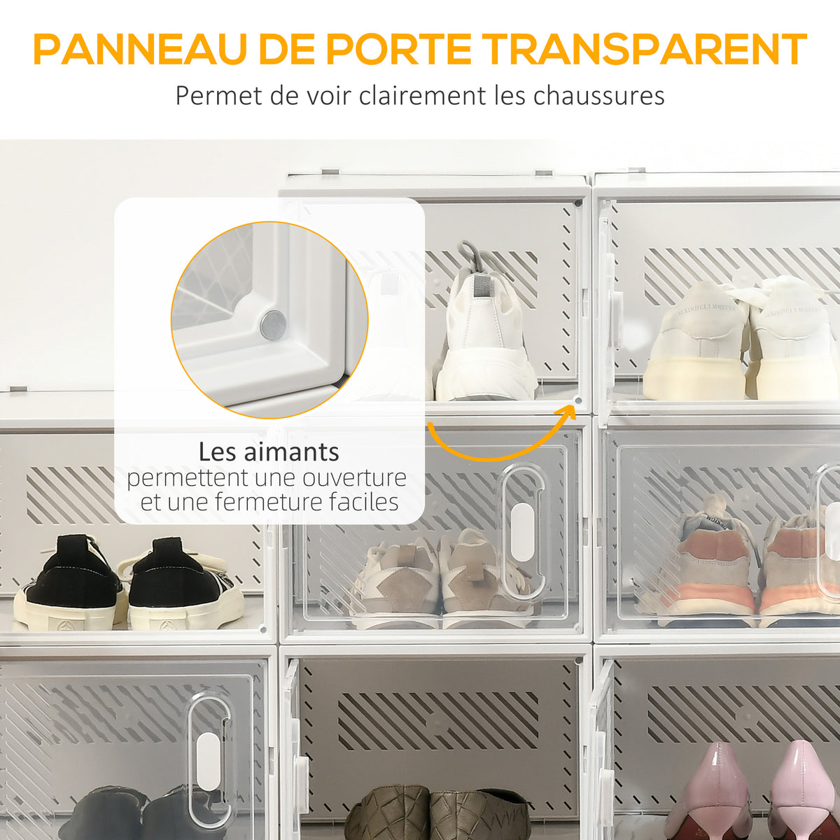 Meuble de rangement modulable, 18 cubes, meuble à chaussures empilables, vêtements, livres, jouets, blanc et transparent