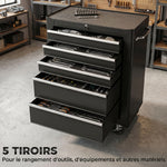 Chariot à outils sur roulettes, Servante d'atelier en acier 5 tiroirs verrouillable 2 clés, 61,5 x 33 x 82,5 cm, noir