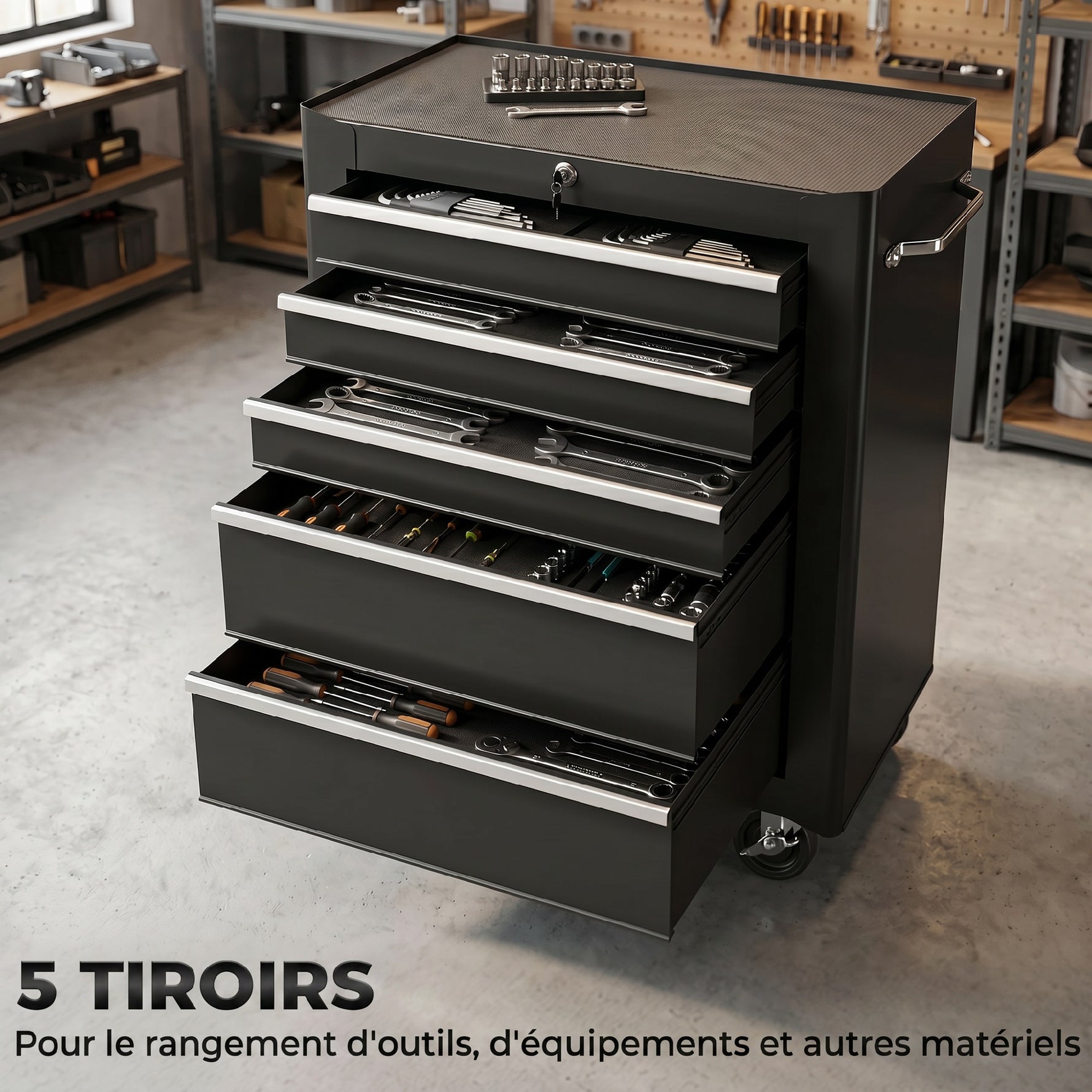 Chariot à outils sur roulettes, Servante d'atelier en acier 5 tiroirs verrouillable 2 clés, 61,5 x 33 x 82,5 cm, noir