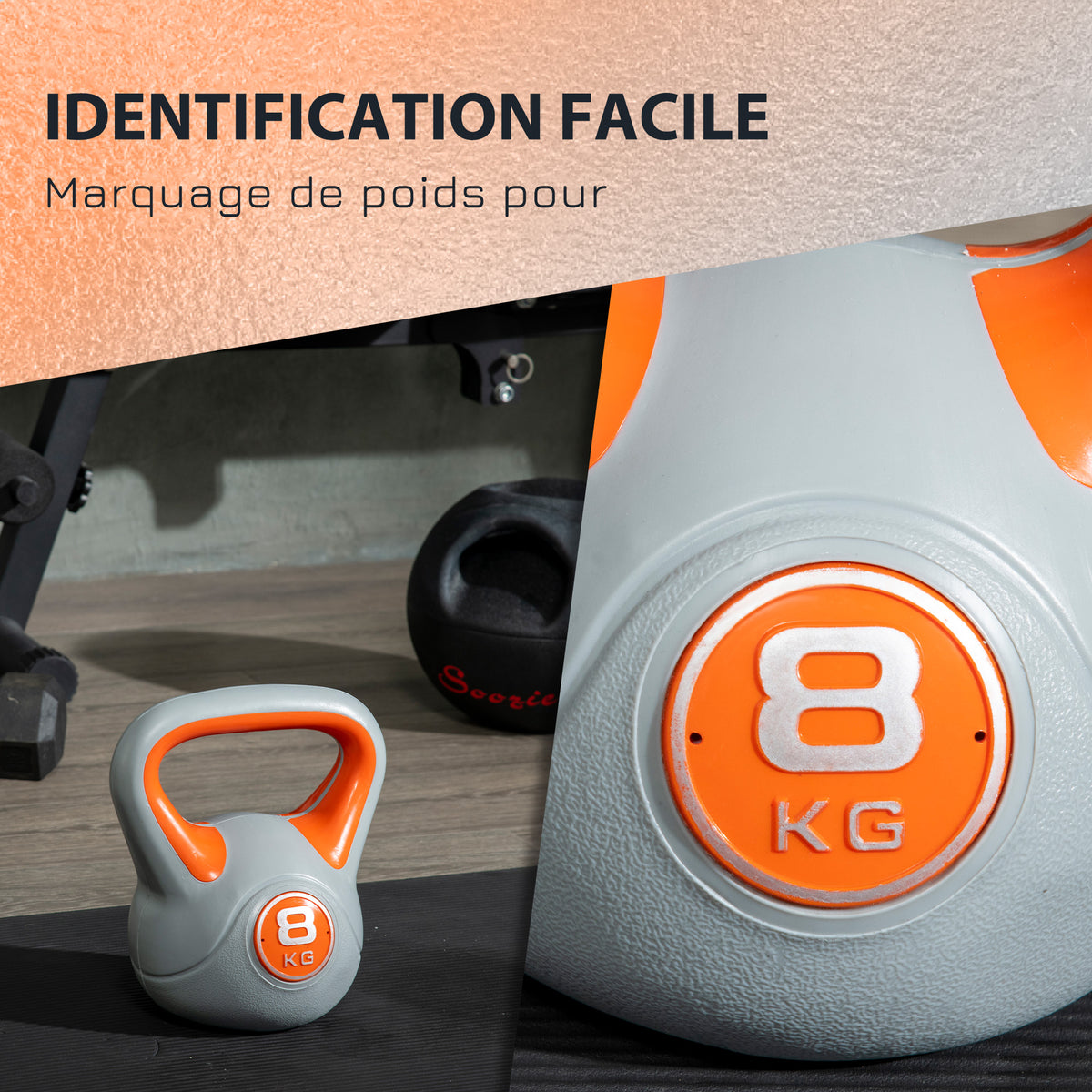 Kettlebell 8 kg, haltère avec poignée ergonomique, haltère à boule, musculation, entraînement, 20 x 14 x 24 cm, orange