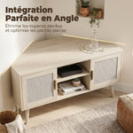 Meuble TV d'Angle 115 cm, Meuble Télé pour Téléviseur jusqu'à 65 Pouces, 2 Portes en Rotin  2 Compartiments, Chêne
