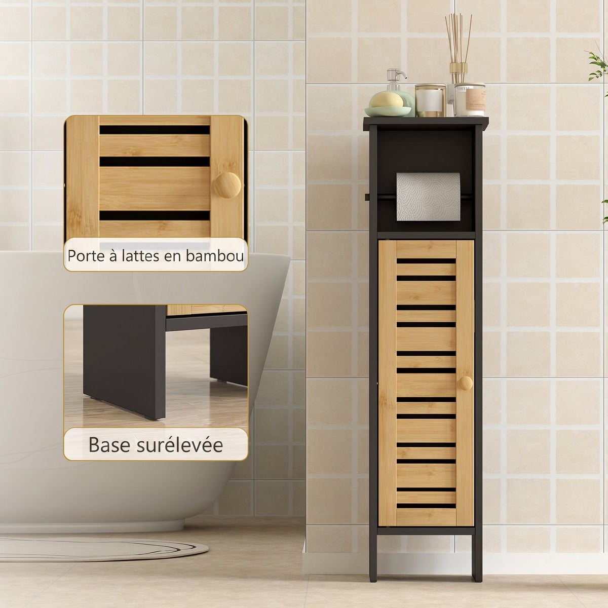 Meuble de salle de bain avec support papier toilette barre amovible 3 Niveaux + Sortie Papier, 78H cm, Bambou noir