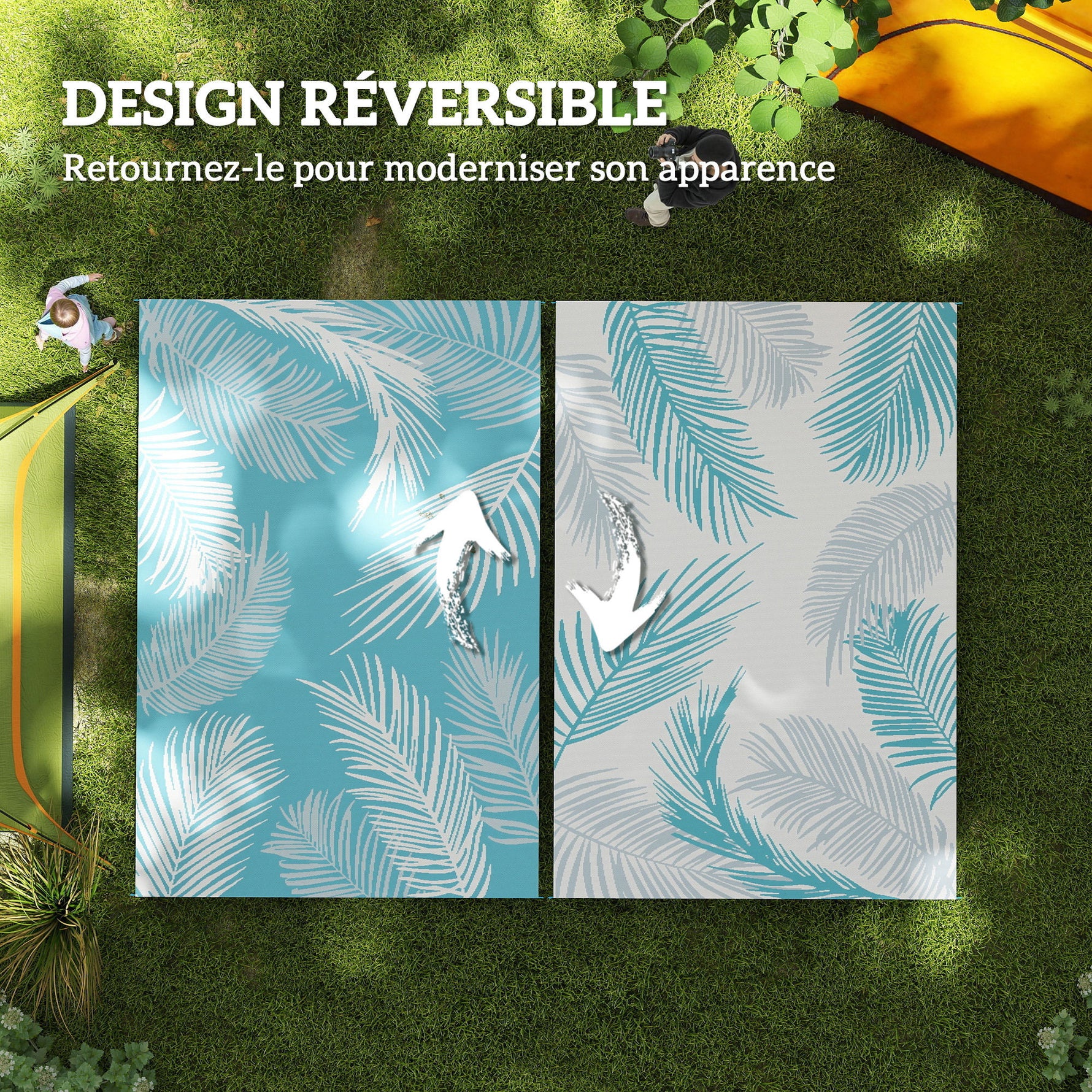 Tapis d'extérieur réversible 274x182 cm, tapis de sol en PP résistant aux intempéries, sac de transport, bleu