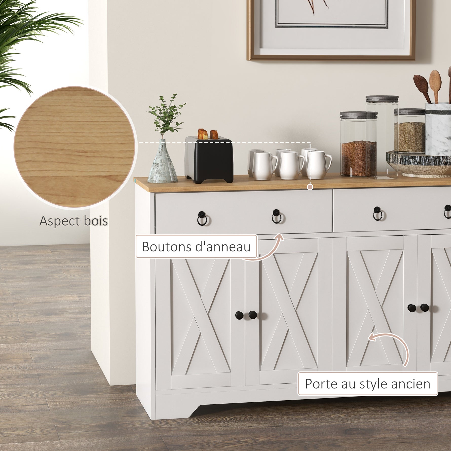 Buffet meuble de rangement armoire de cuisine style rural 2 tiroirs et 2 placards étagères à hauteurs réglables blanc