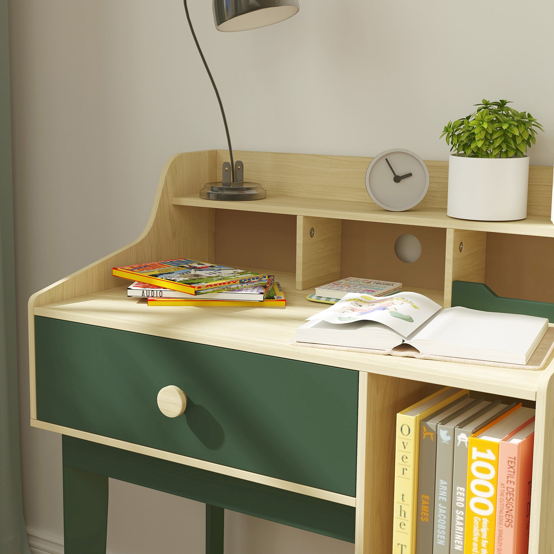 Ensemble bureau et chaise pour enfant avec étagères de rangement et tiroir, mobilier pour enfants de 3 à 10 ans, vert