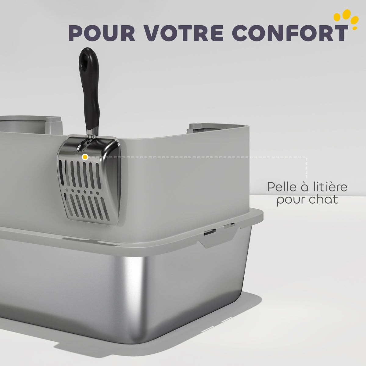 Bac à litière XL en acier inoxydable, maison de toilette pour grand chat, nettoyage facile 60,2 x 40,2 x 29,5 cm, gris